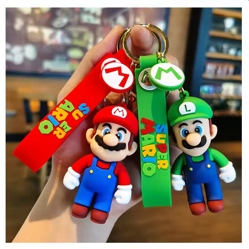 Cartoon 3D PVC Anime Super Marios Bros Keychains Mushroom Luigi Yoshi Ke...